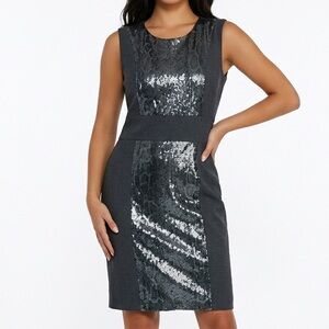 Calvin Klein Sleeveless Sheath Dress - Size 14 - Gray with Metallic Sequin Panel